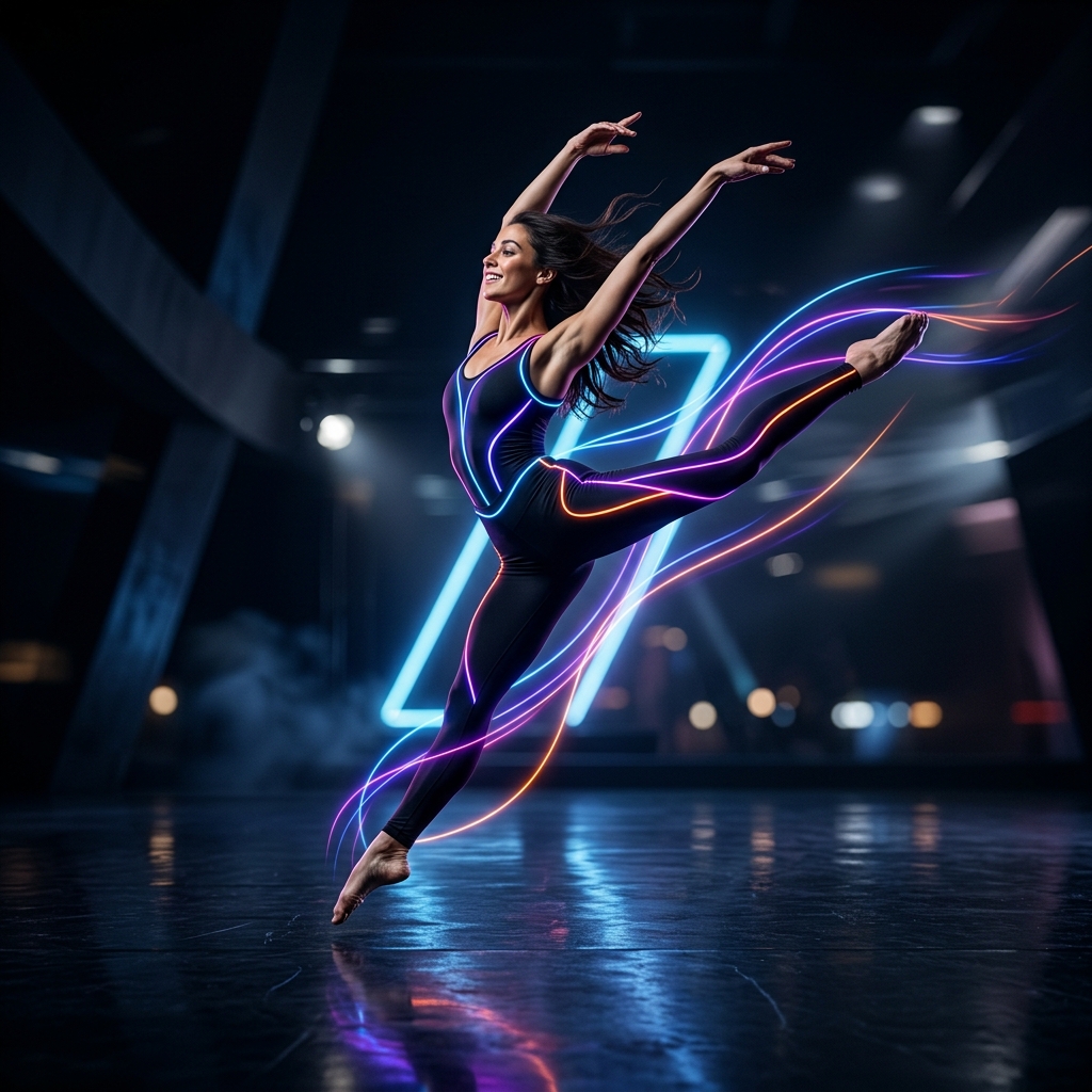 Dancer in motion with neon lights